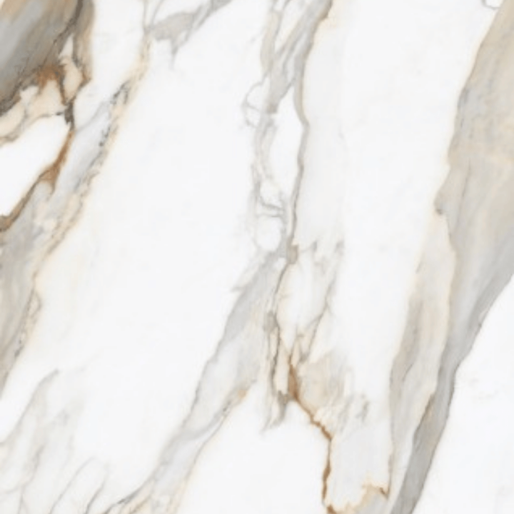 Calacatta Royale slab close-up with bold grey and gold veining on bright white background - Builder Stone Global