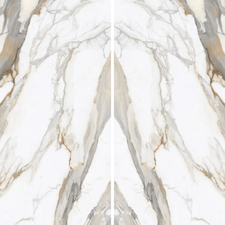 Calacatta Royale jumbo slab full view, white surface with dramatic gold veining - Builder Stone Global