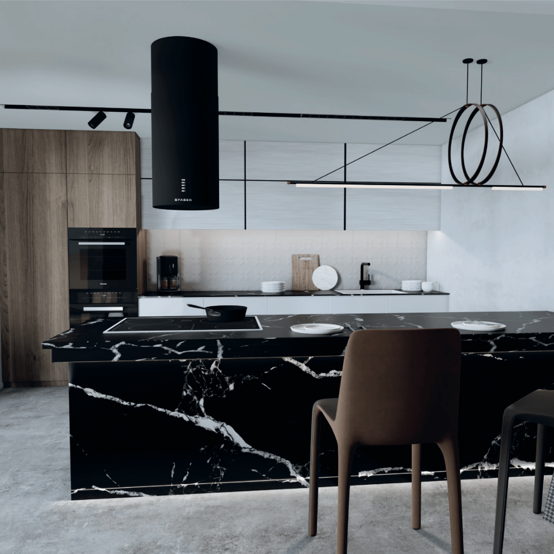 Calacatta Black Diamond slab in deep black with bright white veining, Builder Stone Global, Norcross GA