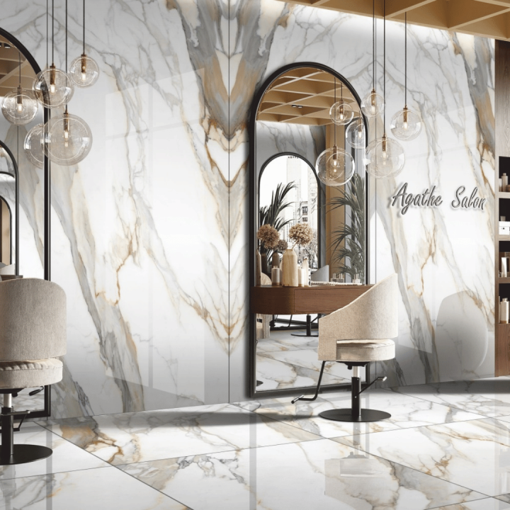 Calacatta Royale slab with bright white background and bold grey and gold veining, Builder Stone Global, Norcross GA