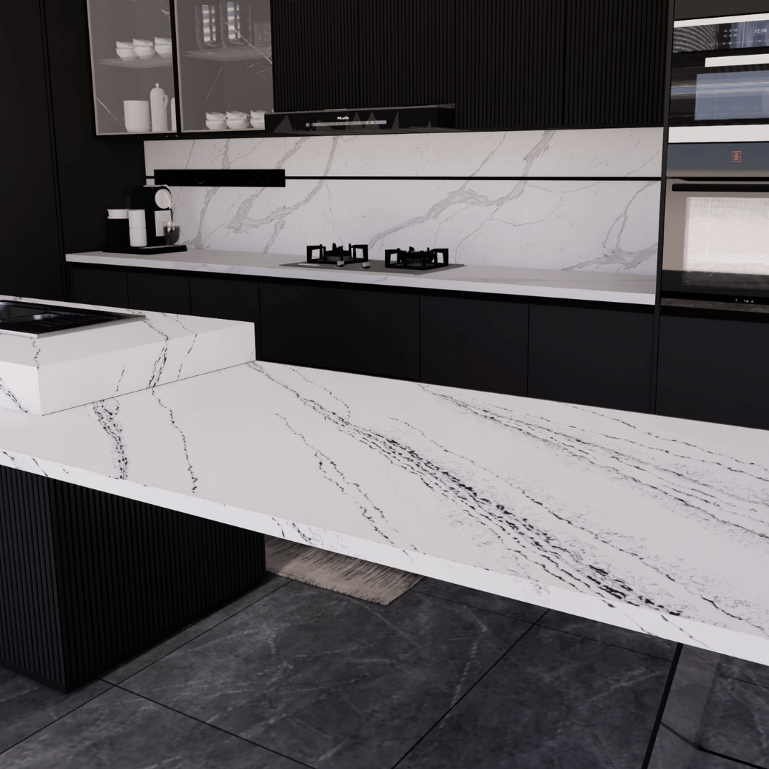 Golden Way quartz slab in warm cream with golden flowing veins, Builder Stone Global, Norcross GA