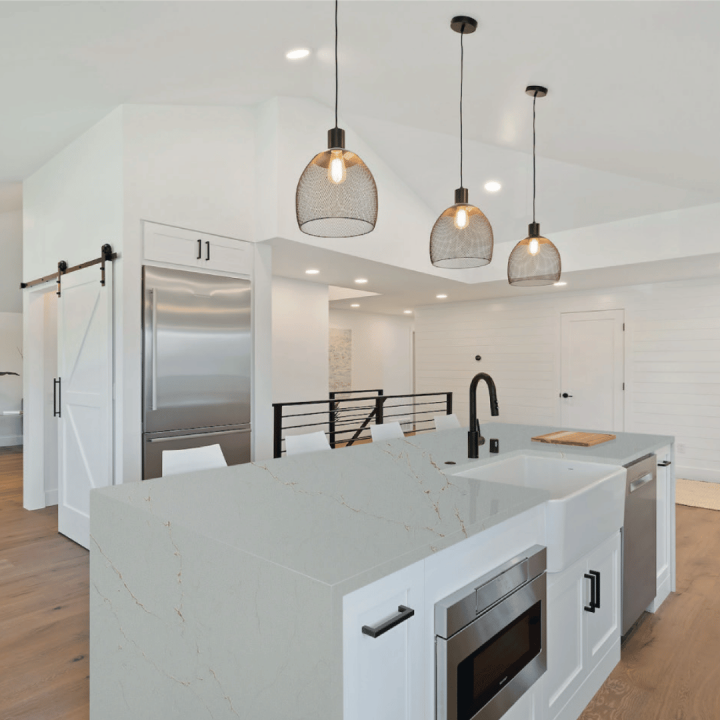 Niagara Fall Gold slab with creamy white background and golden cascading veins, Builder Stone Global, Norcross GA