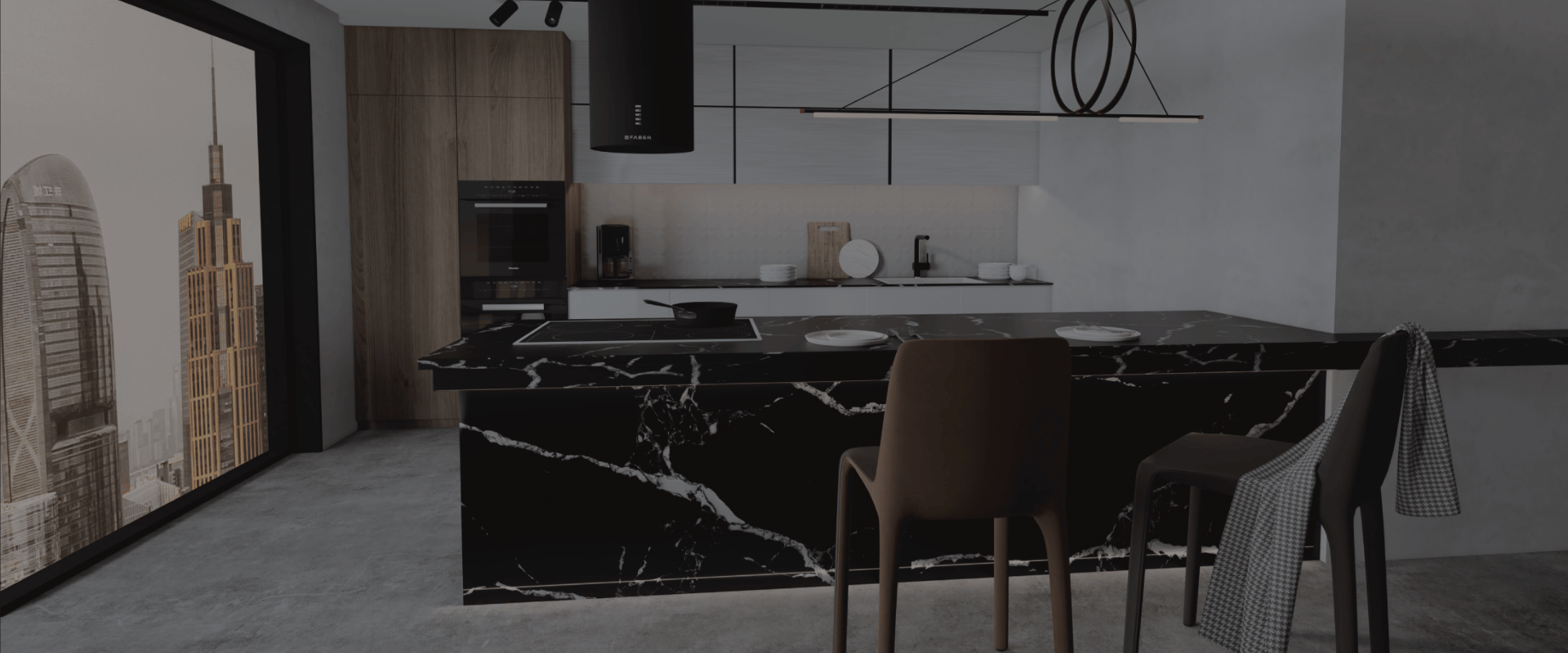 Designer kitchen with veined stone island and slab backsplash by Builder Stone Global