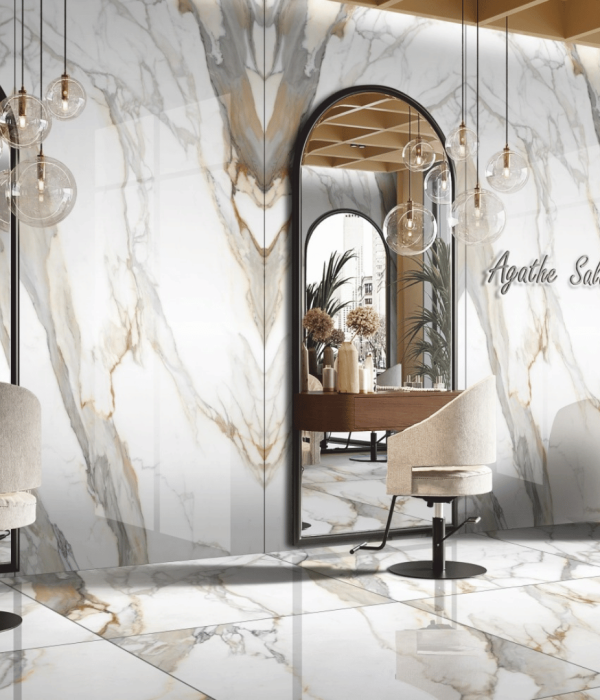 Calacatta Royale slab with bright white background and bold grey and gold veining, Builder Stone Global, Norcross GA