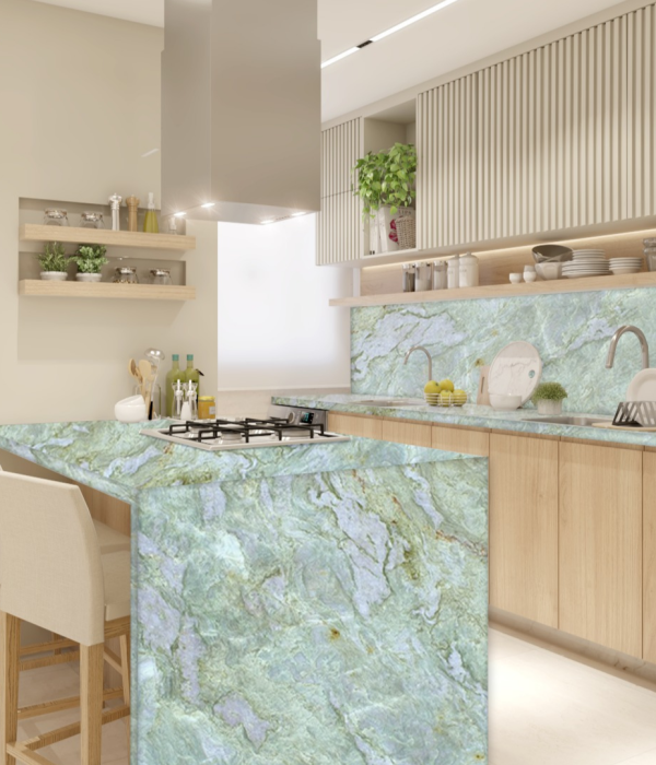 Tiffany quartzite slab with translucent blue-green tones and crystalline sparkle, Builder Stone Global, Norcross GA
